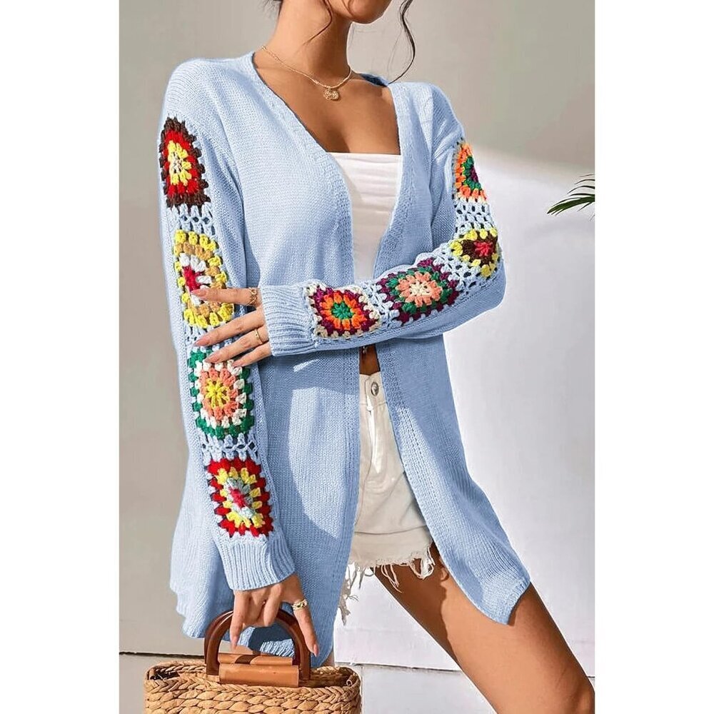 Boho Floral Crochet Cardigan Women Long Sleeve Knit Sweater Casual Warm - Picture 4 of 5